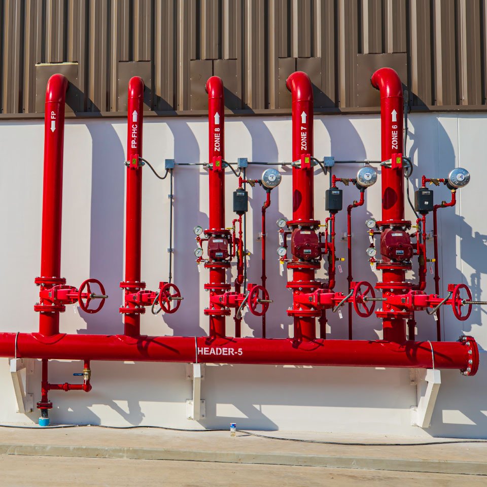 Industrial fire pump system with red pipes, valves, and gauges labeled by zones, representing inspection and preventive maintenance to ensure reliable fire protection readiness.
